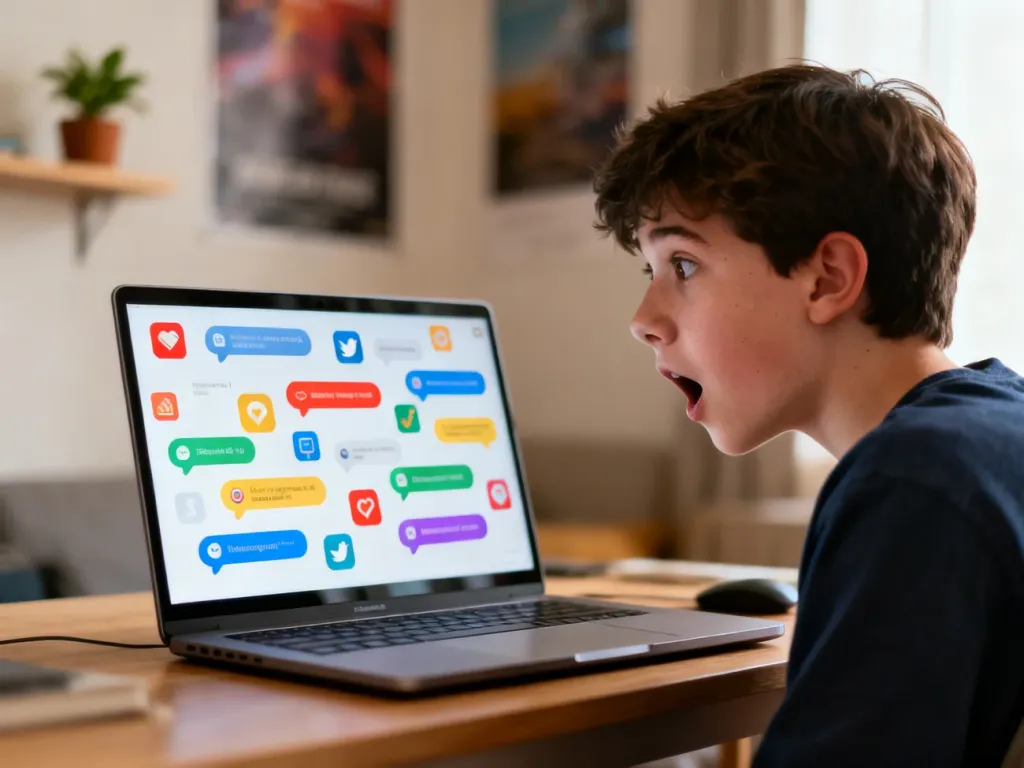 Zaskoczona osoba przy laptopie zalewanym powiadomieniami i dymkami czatu, symbolizująca internetową „inbę”.