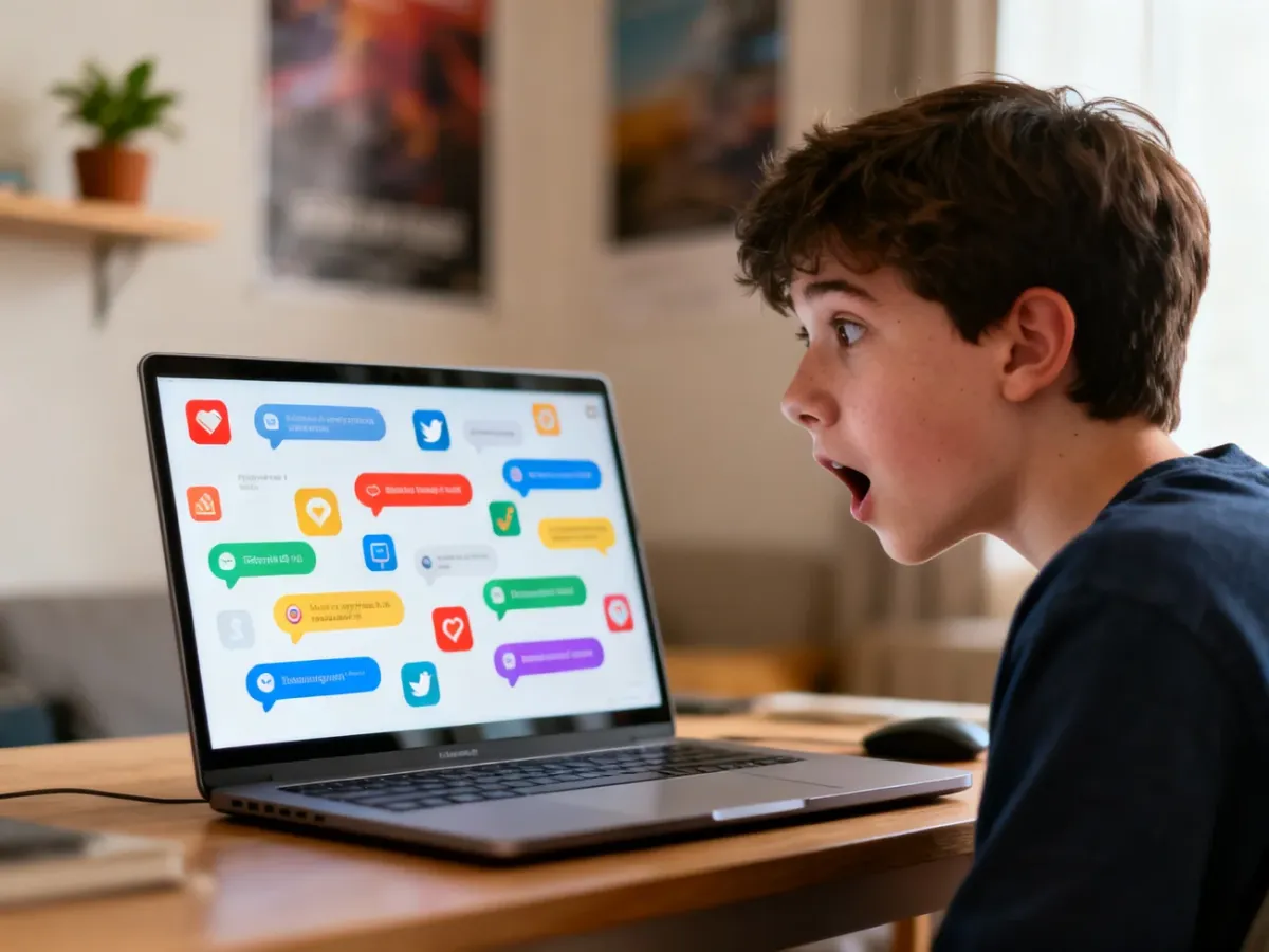 Zaskoczona osoba przy laptopie zalewanym powiadomieniami i dymkami czatu, symbolizująca internetową „inbę”.
