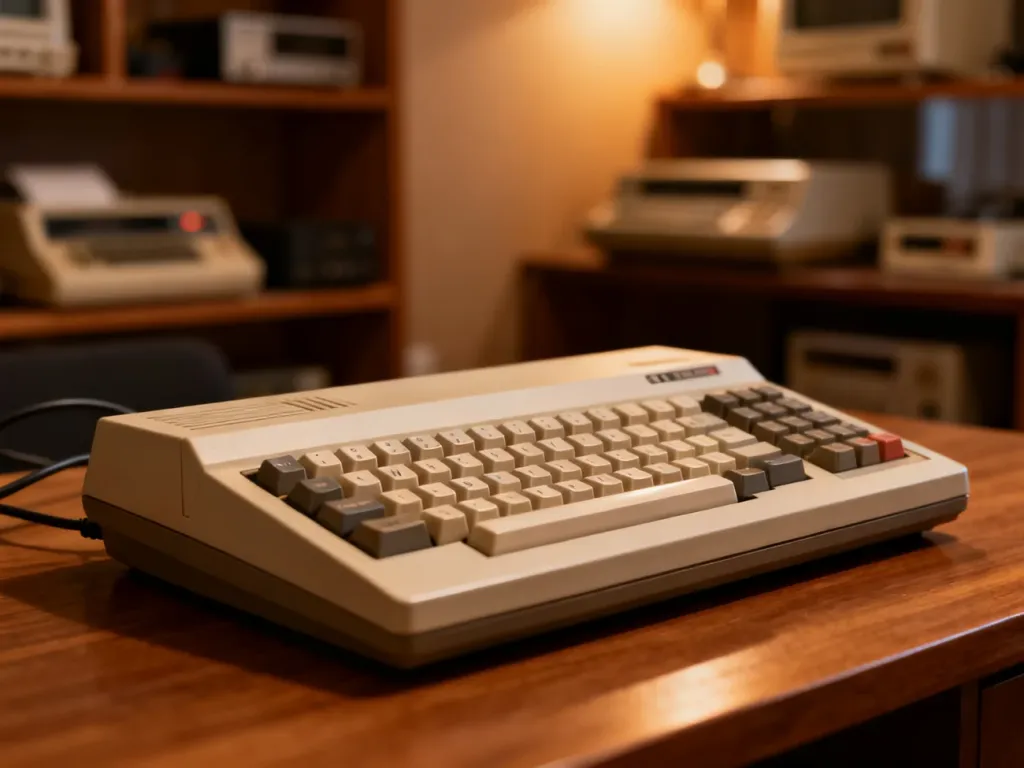 Klawiatura zabytkowego 8-bitowego komputera domowego na drewnianym biurku w otoczeniu retro gadżetów.