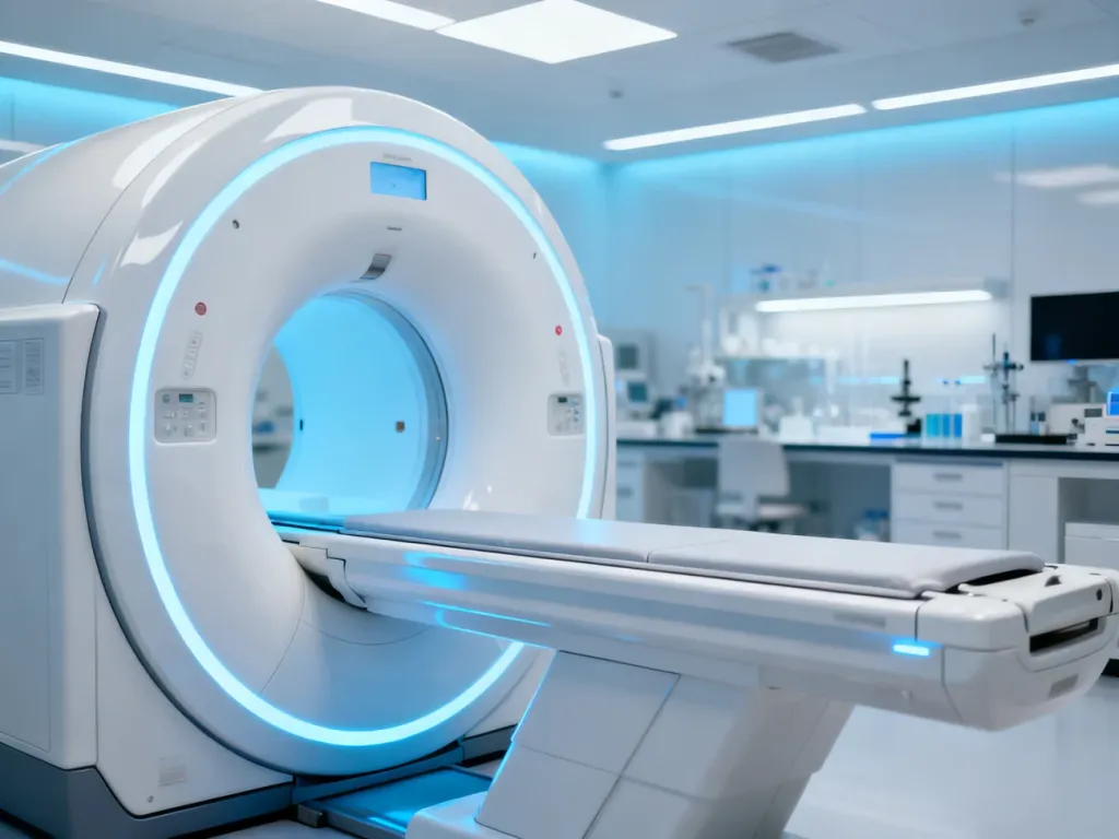 Nowoczesny tomograf komputerowy w sterylnym gabinecie diagnostycznym z delikatnym niebieskim podświetleniem.
