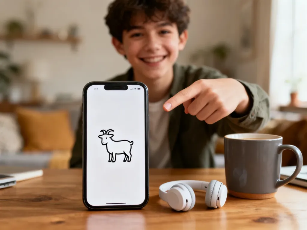 Smartfon z ikoną kozy na biurku, w tle uśmiechnięta osoba wskazuje ekran, nawiązanie do skrótu „GOAT”.