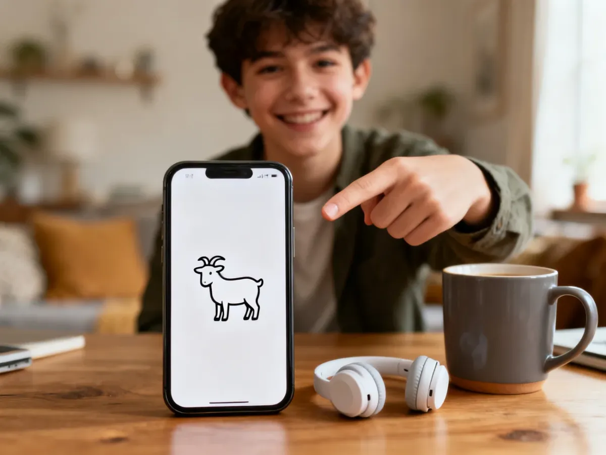 Smartfon z ikoną kozy na biurku, w tle uśmiechnięta osoba wskazuje ekran, nawiązanie do skrótu „GOAT”.