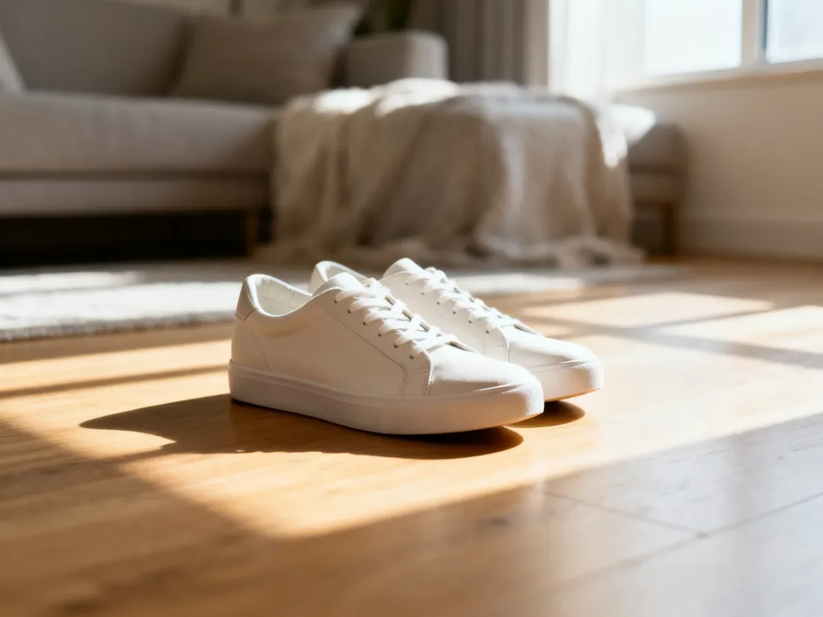 Stylowe, minimalistyczne sneakersy na drewnianej podłodze w przytulnym, jasnym wnętrzu.