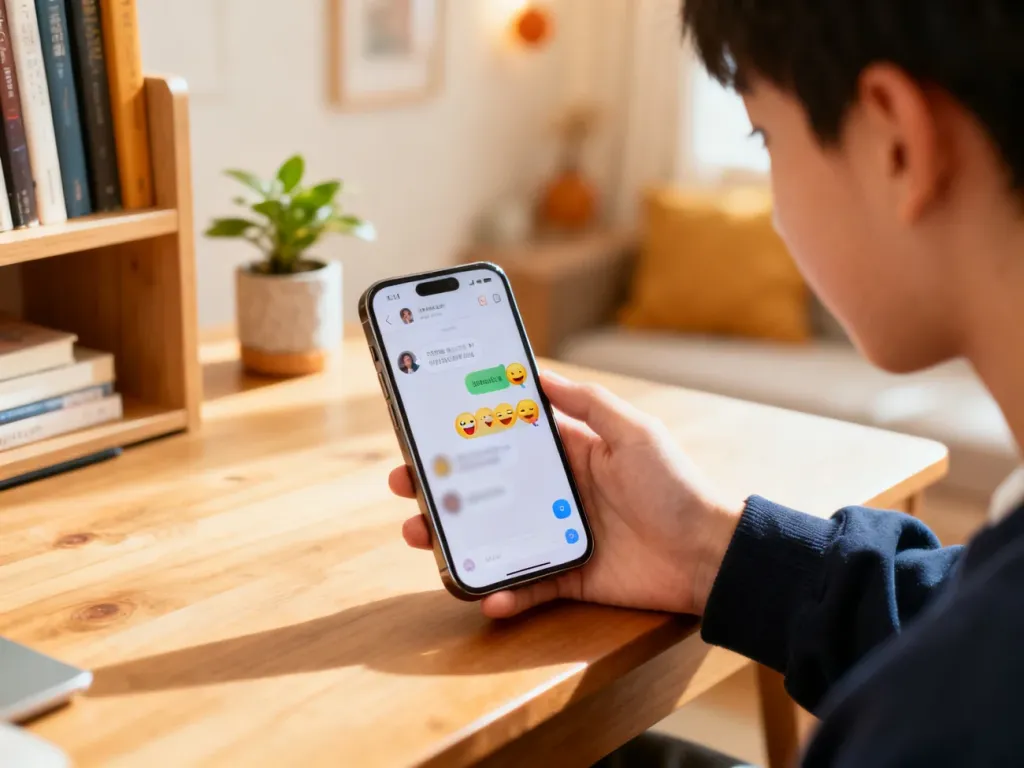 Smartfon z otwartym czatem pełnym emoji w dłoni nastolatka, symbolizujący młodzieżowy slang „żugajka”.