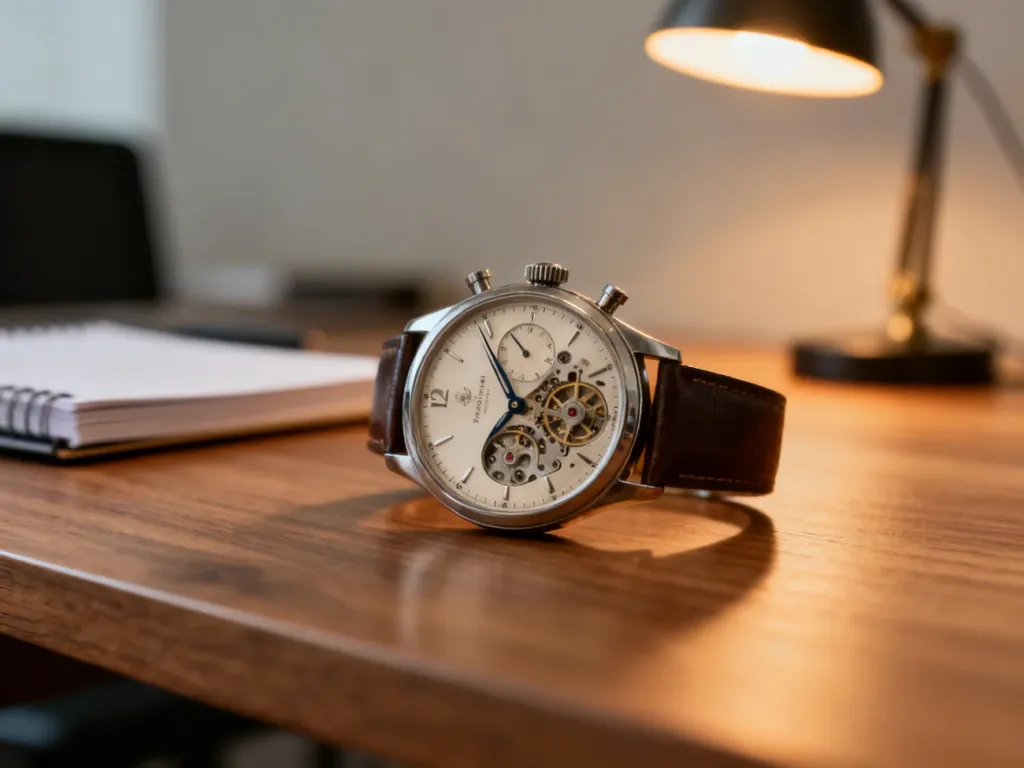 Elegancki zegarek mechaniczny na drewnianym blacie, symbolizujący precyzję i profesjonalizm w kontekście WSM.