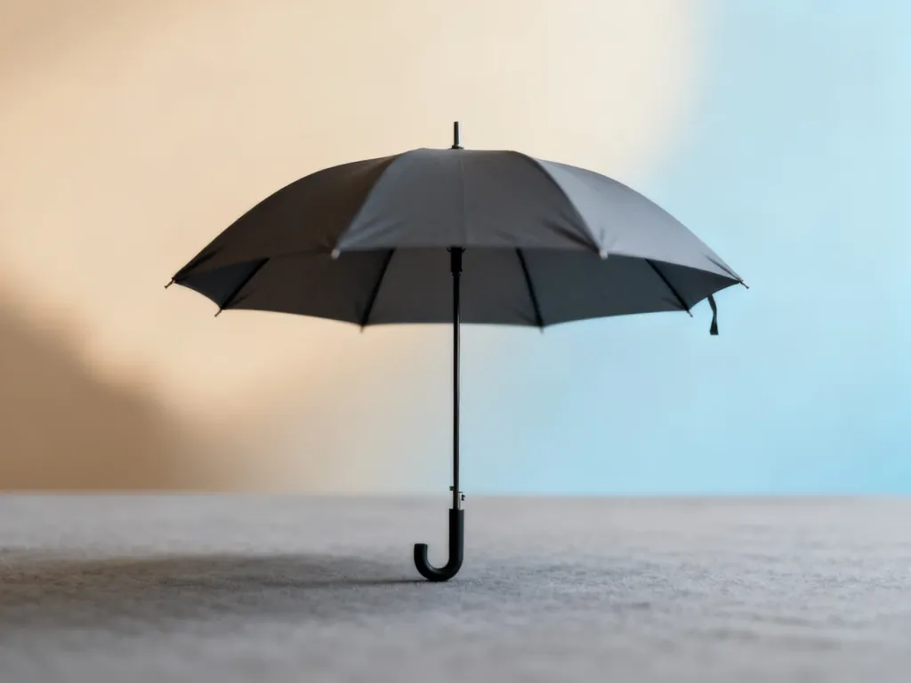 Otwarty parasol na neutralnym tle, symbolizujący przygotowanie na nieprzewidziane sytuacje.