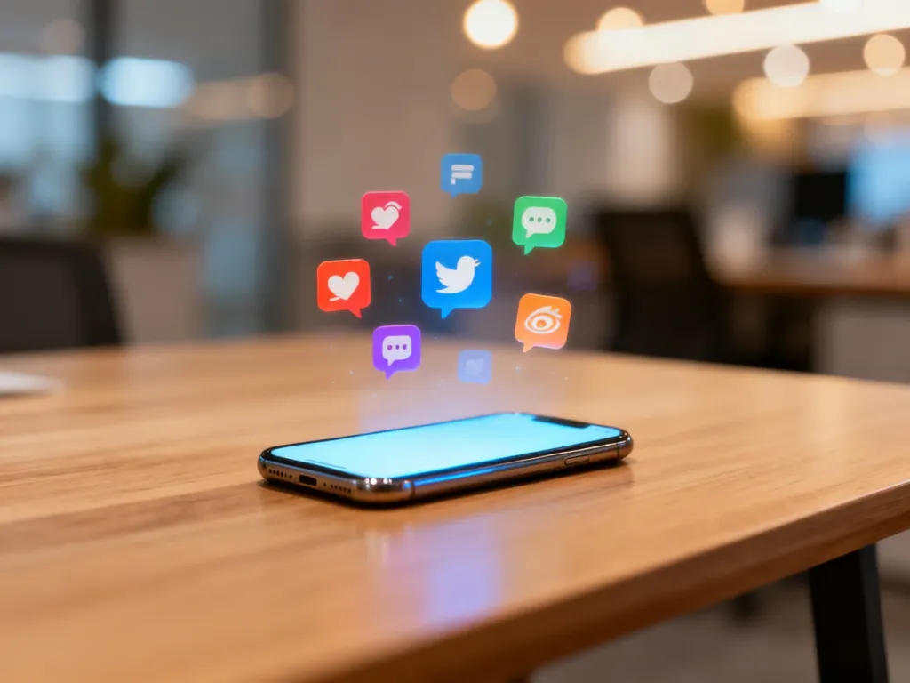Smartfon na drewnianym biurku z unoszącymi się ikonami powiadomień, symbolizujący aktywność w mediach społecznościowych.