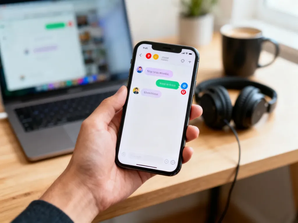 Smartfon z kolorową aplikacją czatu na tle biurka, symbolizujący internetowe rozmowy i używanie skrótu „gz”.