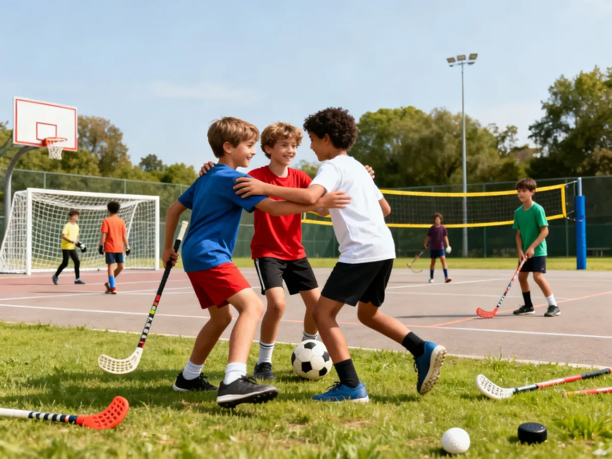 Dzieci wspólnie uprawiające różne sporty drużynowe