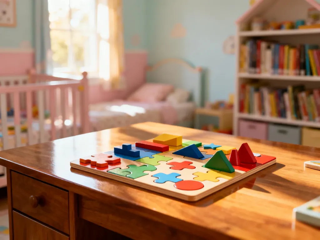 Kolorowe drewniane puzzle edukacyjne na biurku, zachęcające do nauki i rozwijania pamięci dziecka w przytulnym pokoju.