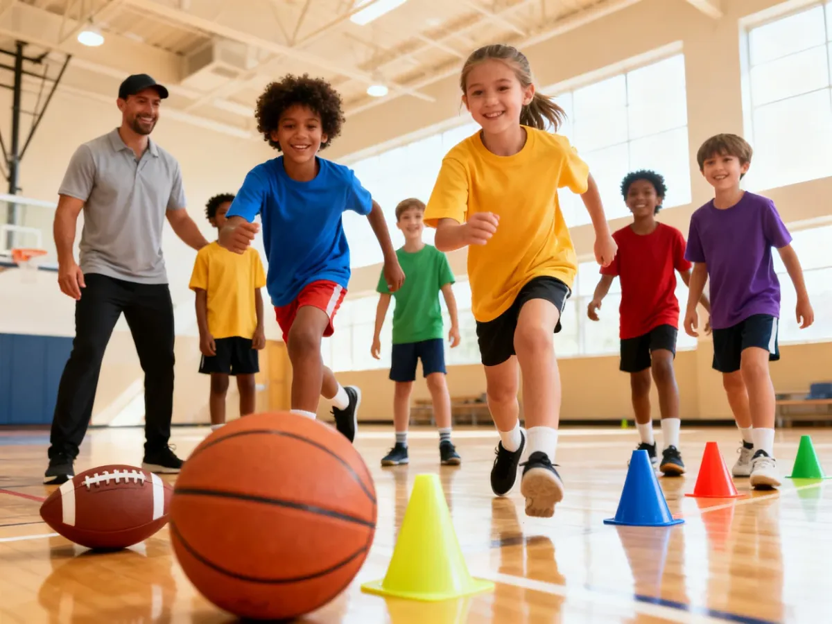 Dzieci podczas radosnej gry zespołowej na hali sportowej