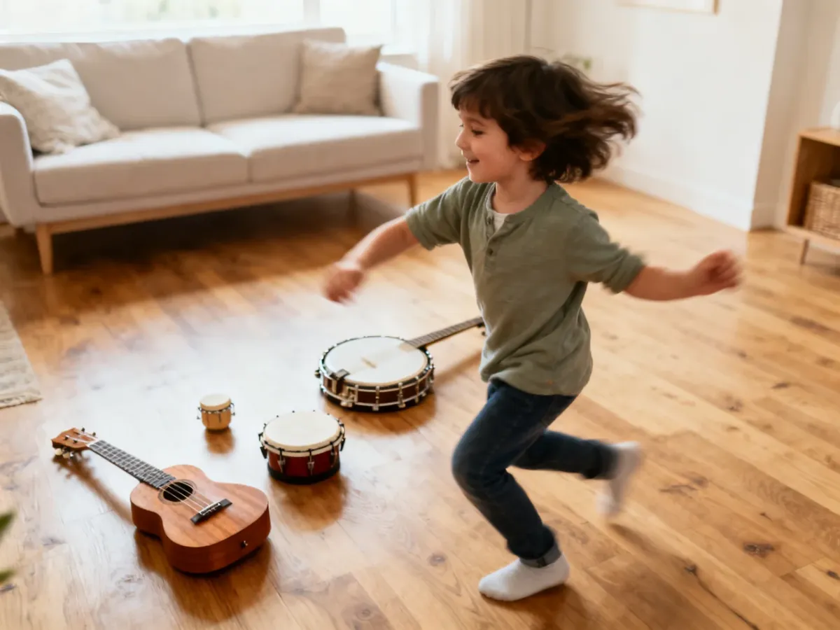 Dziecko tańczące przy żywej muzyce i instrumentach