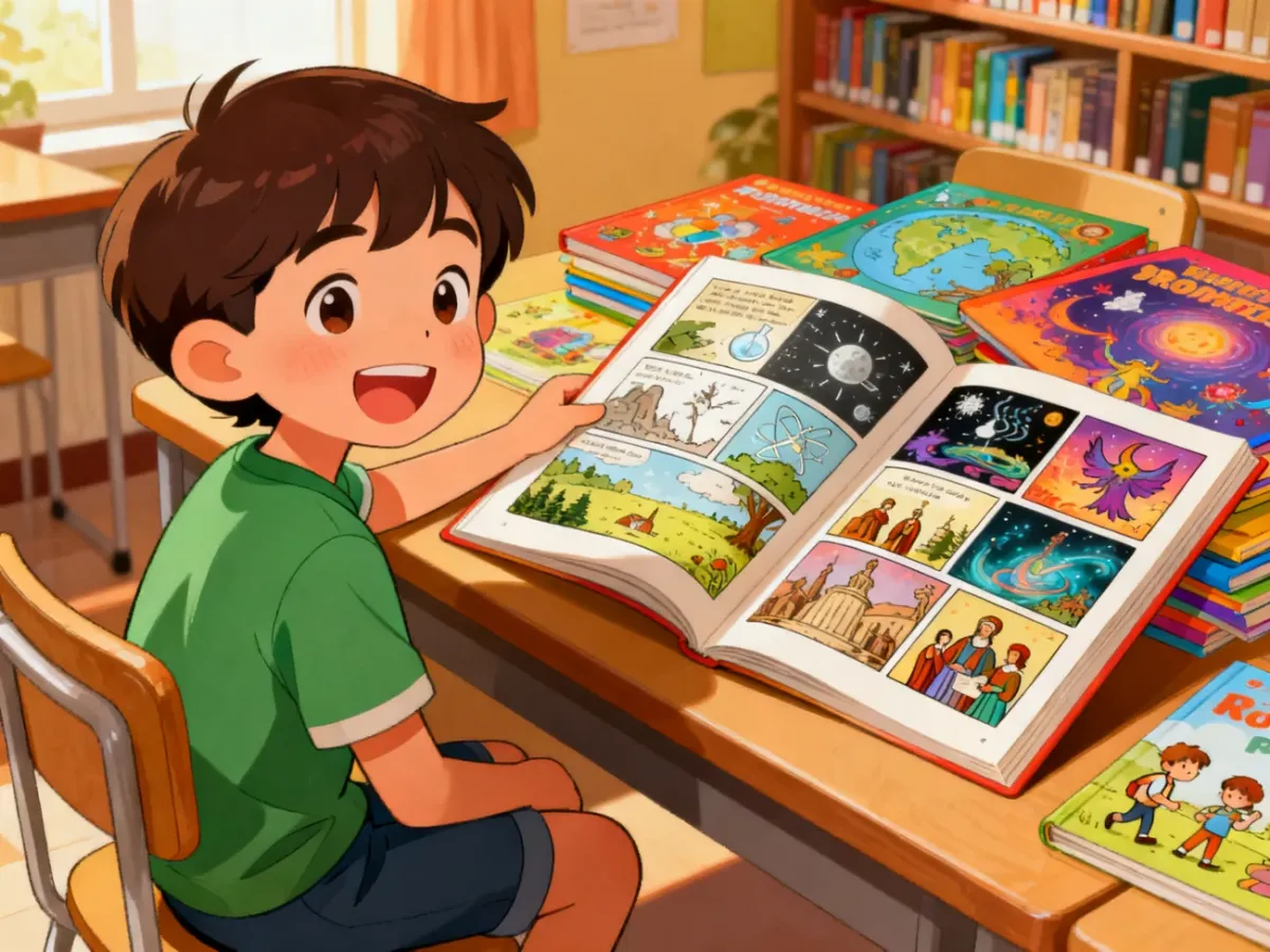 Dziecko wybierające komiks o tematyce edukacyjnej