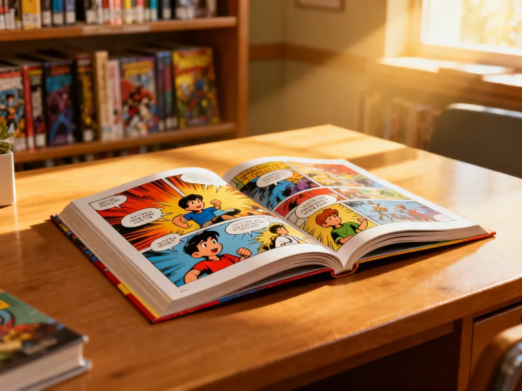 Otwarte, kolorowe komiksy leżące na drewnianym biurku w przytulnej bibliotece, zachęcające do lektury.