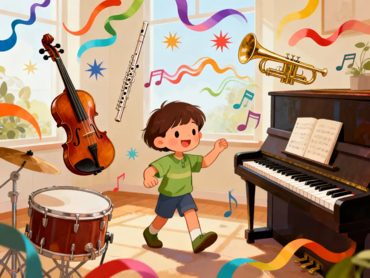 Dziecko poznające instrumenty podczas muzycznej przygody