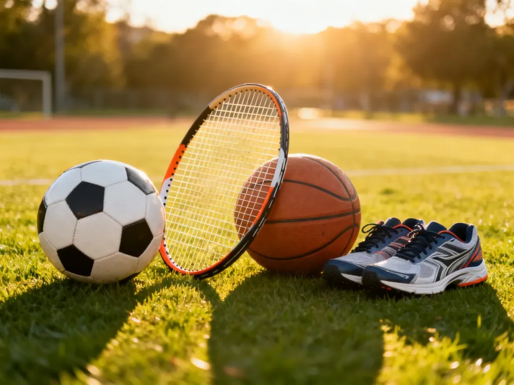Różnorodny sprzęt sportowy, w tym piłki i rakieta tenisowa, rozłożony na zielonej murawie w słoneczny dzień.