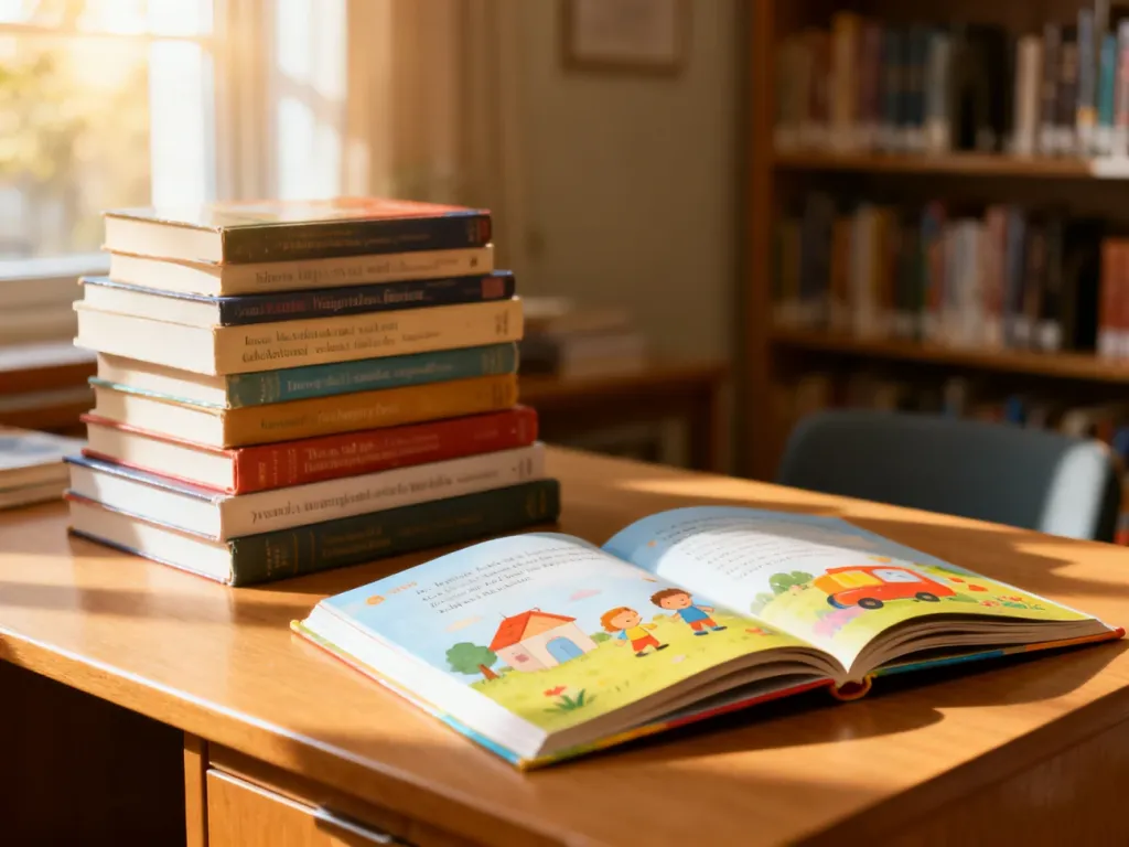 Otwarte kolorowe książki dla dzieci na drewnianym biurku w przytulnej bibliotece, zachęcające do nauki czytania.