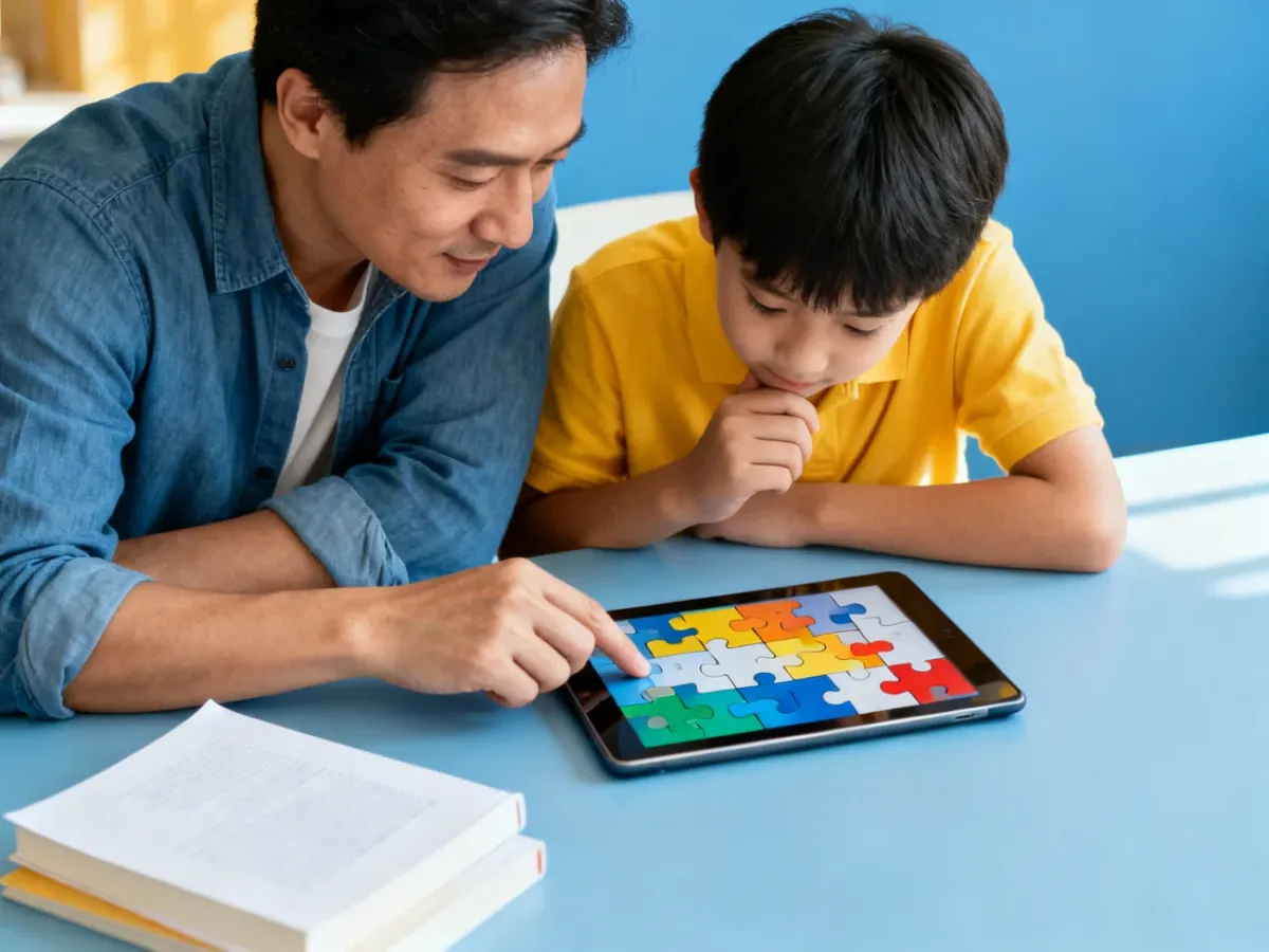 Rodzic i dziecko wspólnie korzystający z tabletu edukacyjnego