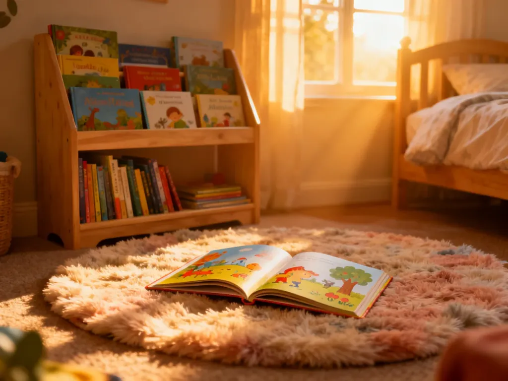 Przytulny kącik do czytania z otwartą książką na miękkim dywanie, zachęcający dziecko do odkrywania świata literatury.