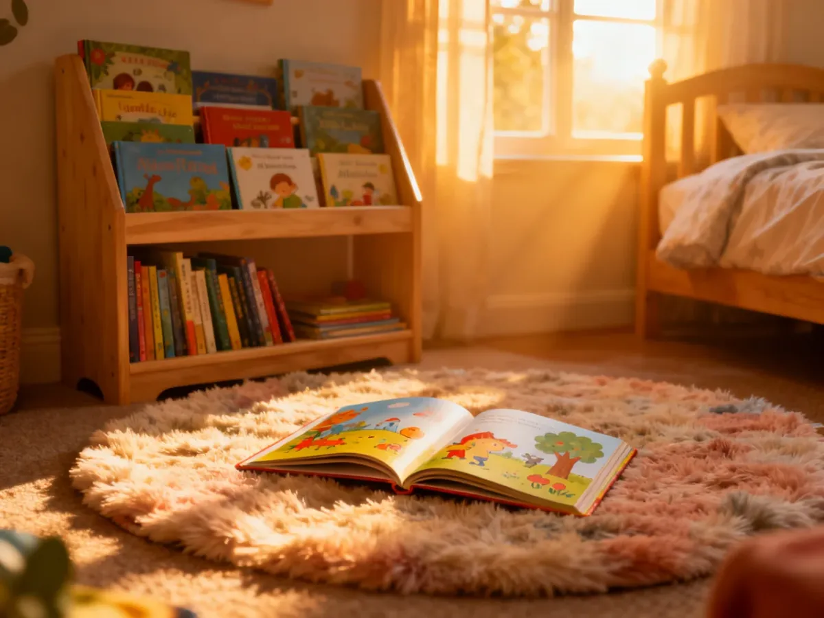 Przytulny kącik do czytania z otwartą książką na miękkim dywanie, zachęcający dziecko do odkrywania świata literatury.