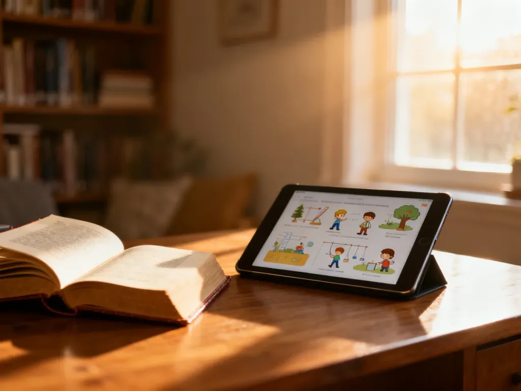 Otwarte książki i tablet z edukacyjnymi grafikami na drewnianym biurku, symbolizujące wybór między tradycją a technologią.