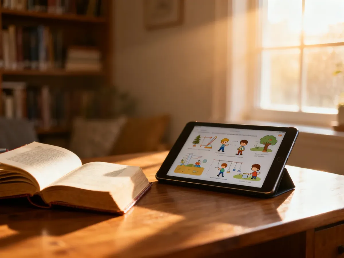 Otwarte książki i tablet z edukacyjnymi grafikami na drewnianym biurku, symbolizujące wybór między tradycją a technologią.