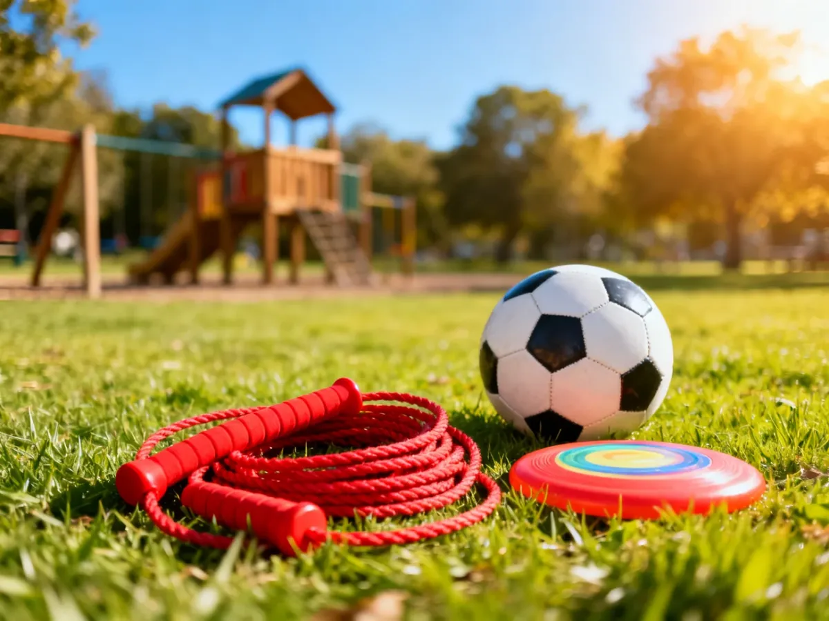 Kolorowy sprzęt sportowy, jak piłka i skakanka, leżący na trawie w parku, zachęcający dzieci do aktywnej zabawy na świeżym powietrzu.
