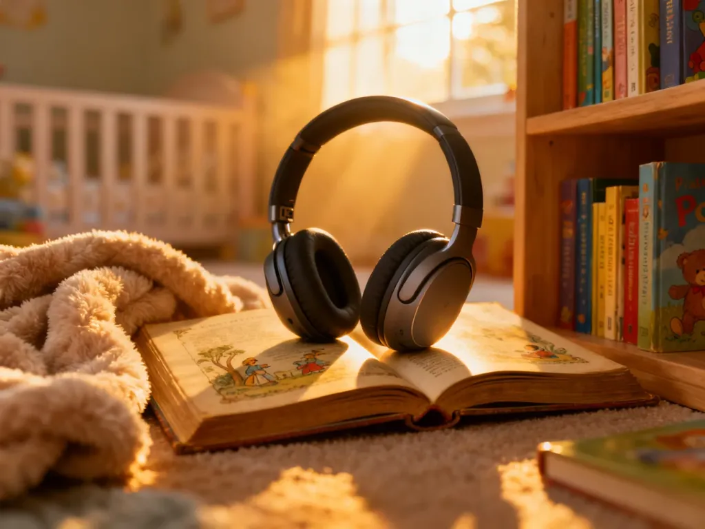 Przytulny kącik do czytania z dziecięcymi słuchawkami na otwartej książce, zachęcający do słuchania audiobooków.