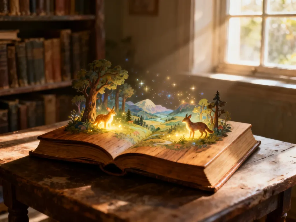 Otwarta, stara księga z magicznymi ilustracjami zwierząt, przywołująca klimat klasycznych polskich bajek z morałem.