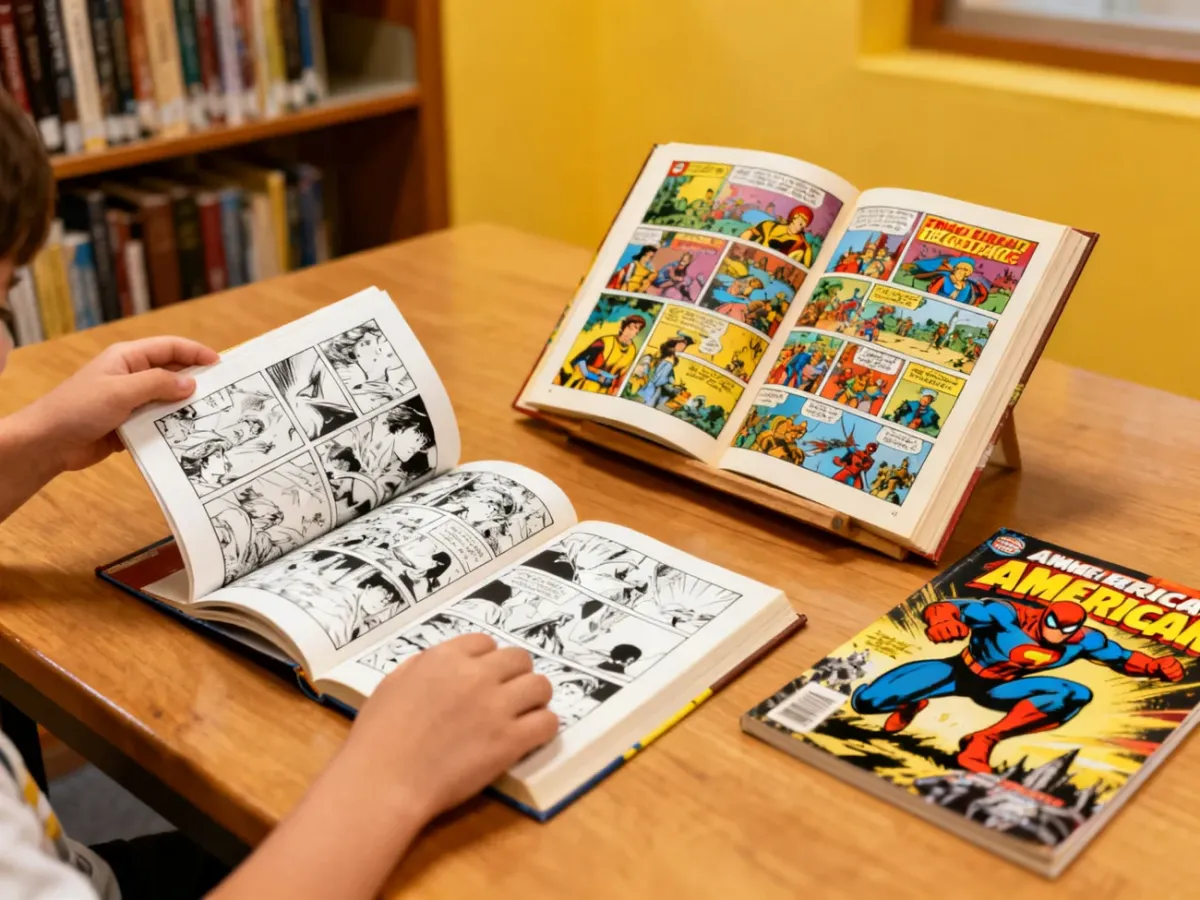 Dziecko porównujące mangę, komiks franko-belgijski i amerykański