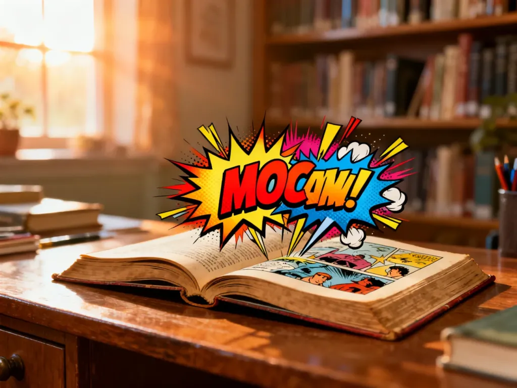 Otwarte komiksy na drewnianym biurku z wyskakującymi kolorowymi dymkami, symbolizujące kreatywność i świat dziecięcej wyobraźni.