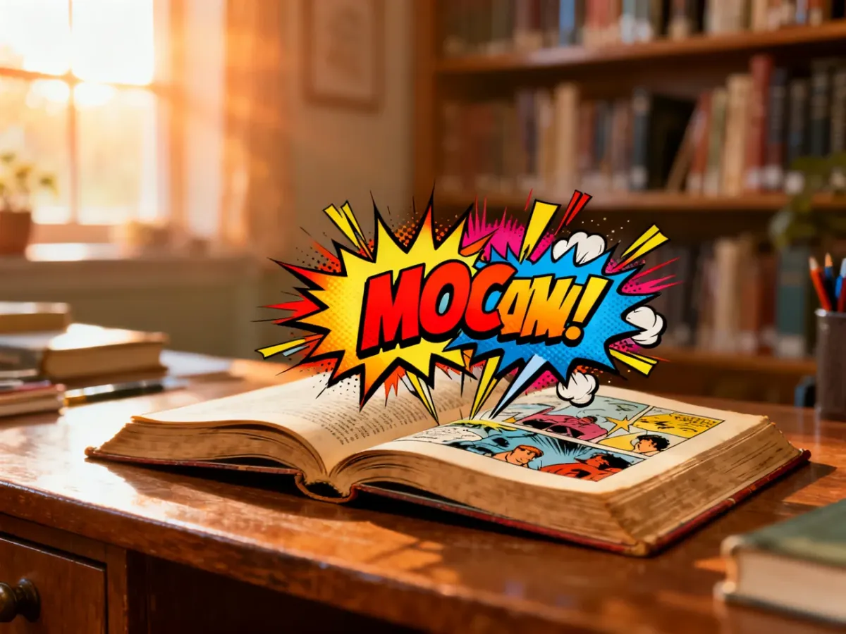 Otwarte komiksy na drewnianym biurku z wyskakującymi kolorowymi dymkami, symbolizujące kreatywność i świat dziecięcej wyobraźni.