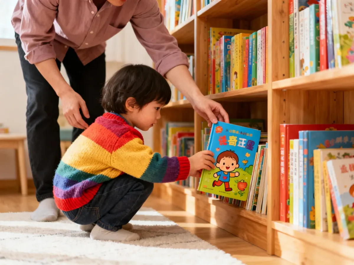 Dziecko wybiera książkę w księgarni lub bibliotece przy wsparciu dorosłego.