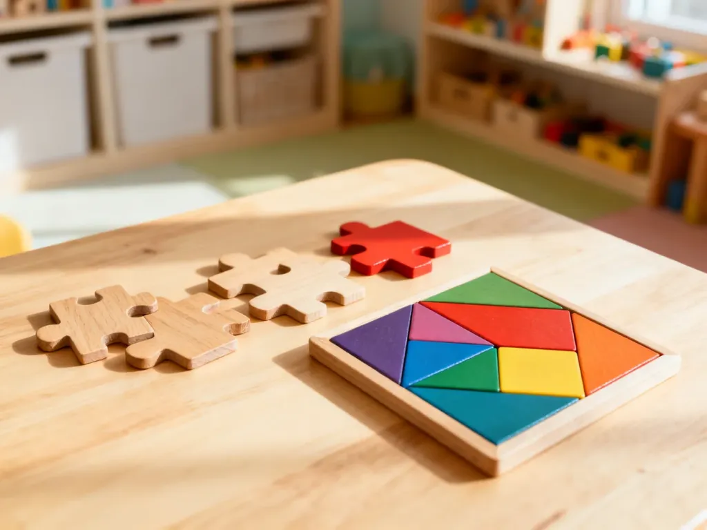 Drewniane układanki i kolorowy tangram na stole, zachęcające dzieci do rozwijającej zabawy i ćwiczenia koncentracji.