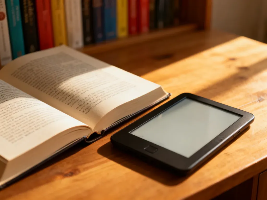 Otwarte książki papierowe obok czytnika e-booków na drewnianym biurku, ilustrujące wybór między tradycją a nowoczesnością.