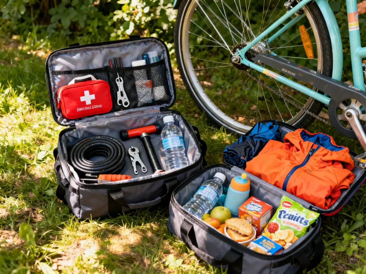 Sakwy rowerowe z apteczką, zestawem naprawczym, wodą i przekąskami