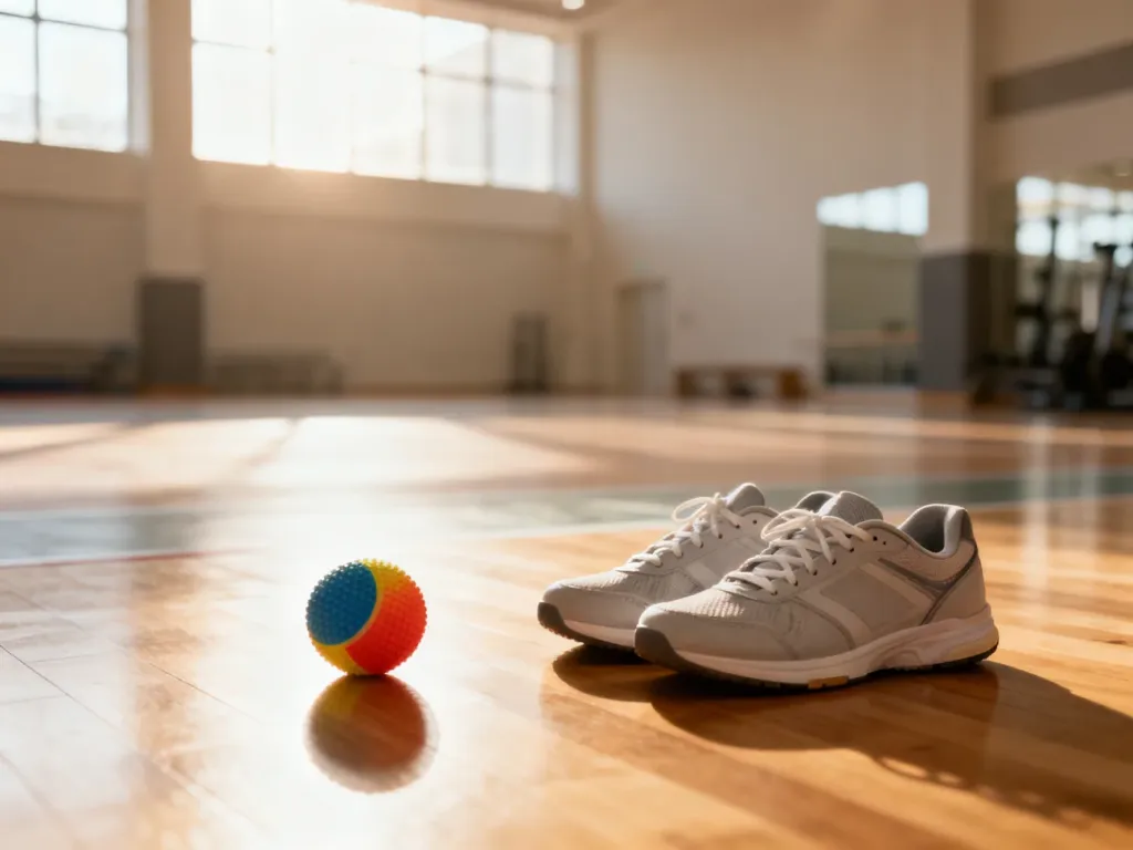 Pusty, spokojny kącik sportowy z piłką i butami, zachęcający nieśmiałe dziecko do rozpoczęcia aktywności w przyjaznym otoczeniu.