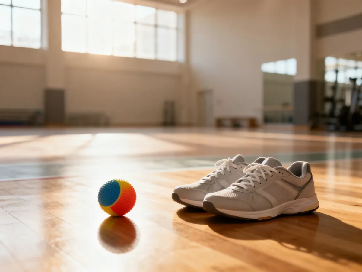 Pusty, spokojny kącik sportowy z piłką i butami, zachęcający nieśmiałe dziecko do rozpoczęcia aktywności w przyjaznym otoczeniu.