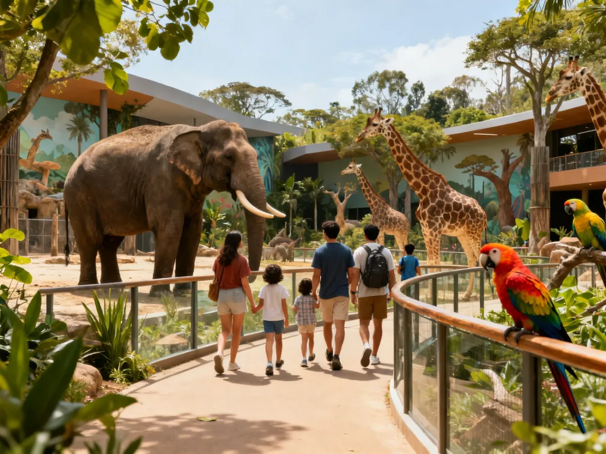 Rodzina podczas spaceru w dużym ogrodzie zoologicznym