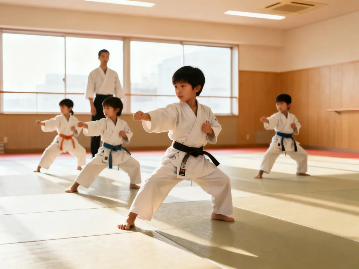 Dzieci ćwiczące karate pod opieką instruktora