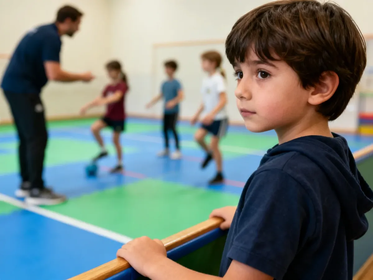 Nieśmiałe dziecko obserwujące kameralne zajęcia sportowe pod opieką spokojnego trenera