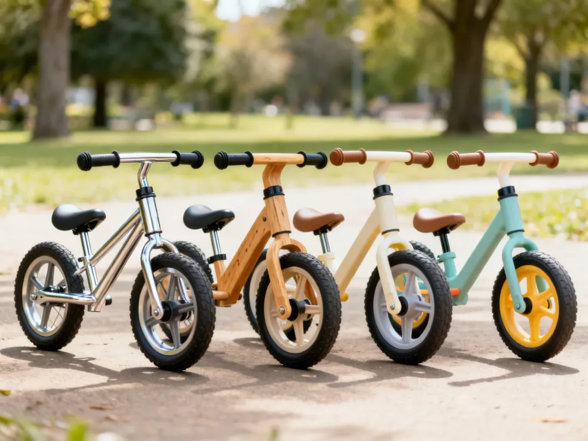 Cztery rowerki biegowe z ramami wykonanymi z różnych materiałów