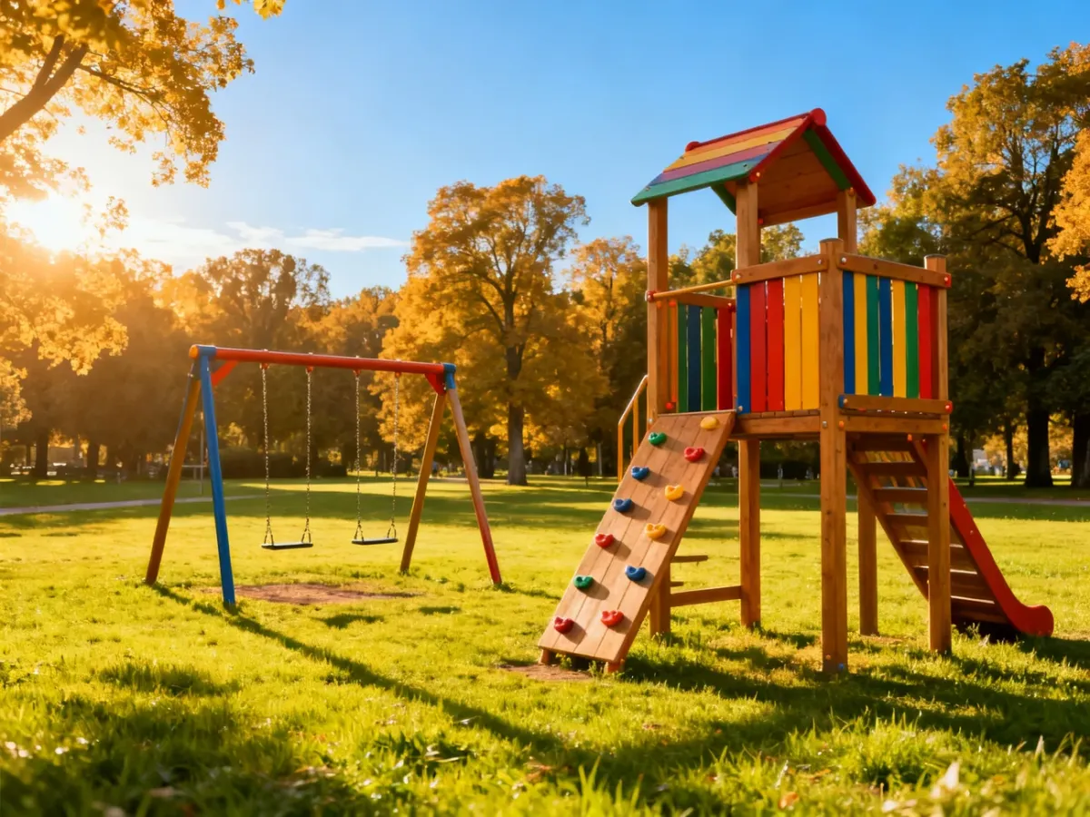 Kolorowy drewniany plac zabaw z huśtawkami na zielonej łące w słoneczny dzień, zachęcający dzieci do aktywnej zabawy.