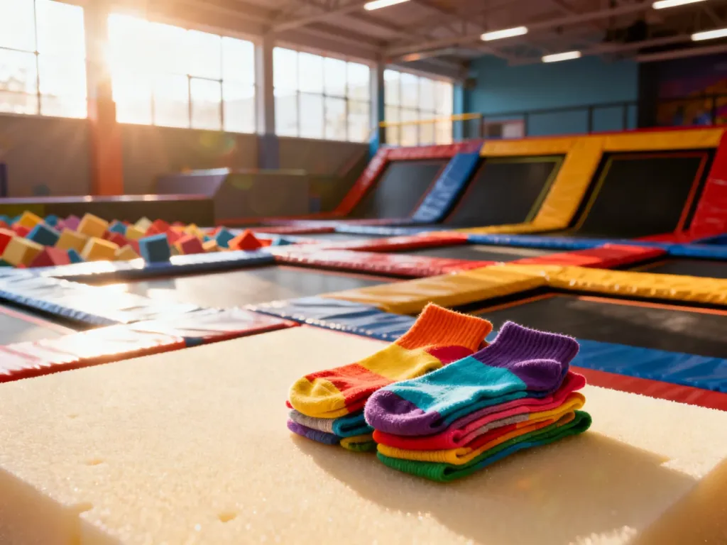 Kolorowe skarpetki do skakania na macie w nowoczesnym parku trampolin, gotowe do rozpoczęcia zabawy.