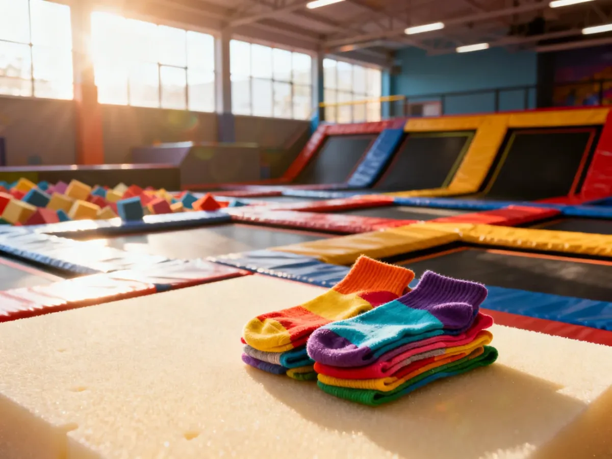 Kolorowe skarpetki do skakania na macie w nowoczesnym parku trampolin, gotowe do rozpoczęcia zabawy.
