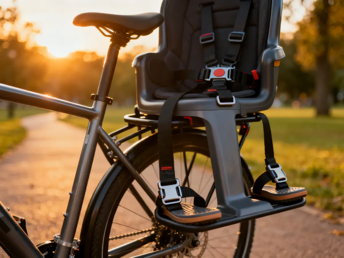 Nowoczesny fotelik rowerowy z zapięciem i pasami, zamontowany na bagażniku roweru w słoneczny dzień w parku.