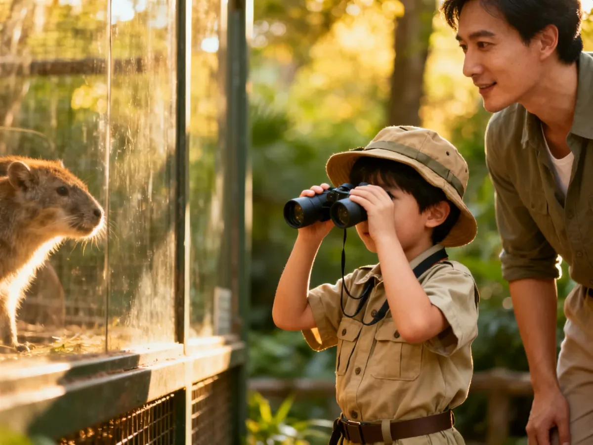 Dziecko obserwujące zwierzęta w zoo przez lornetkę