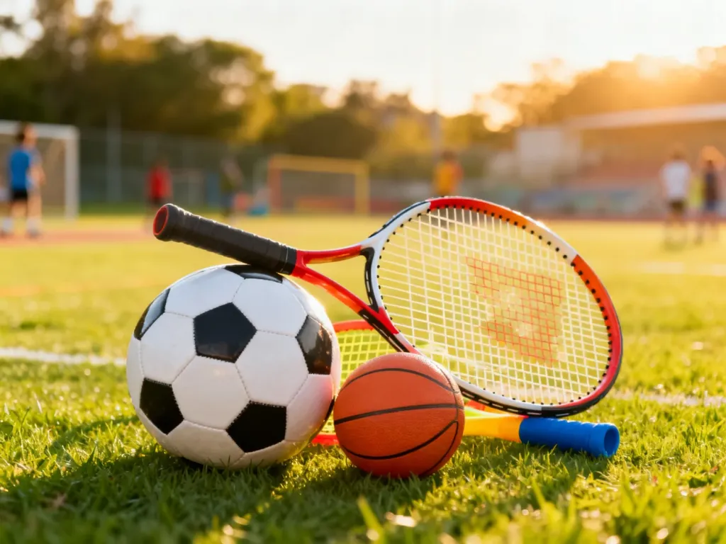 Kolorowy sprzęt sportowy, w tym piłka i rakieta, ułożony na zielonej murawie boiska w słoneczny poranek.