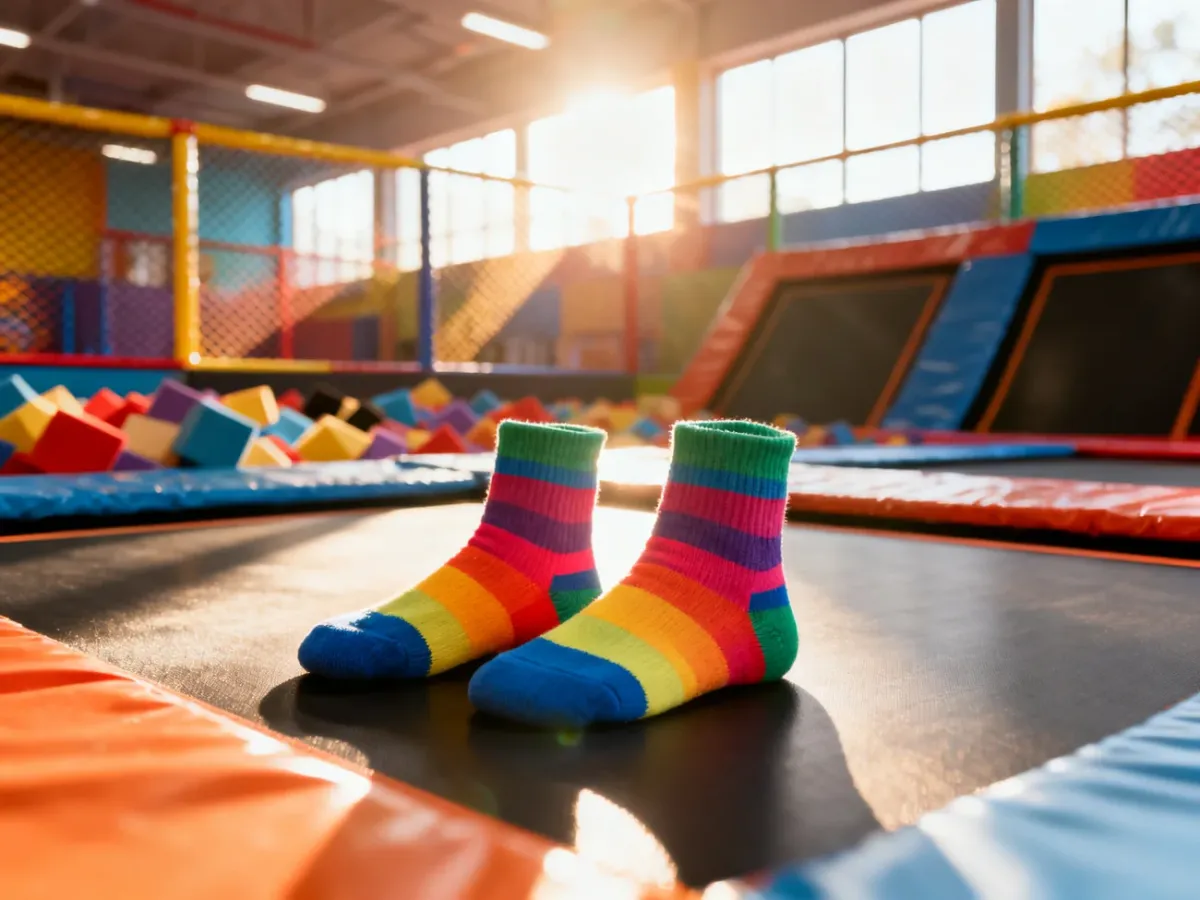 Kolorowe skarpetki antypoślizgowe na macie sportowej w tle parku trampolin, gotowe do bezpiecznej zabawy.