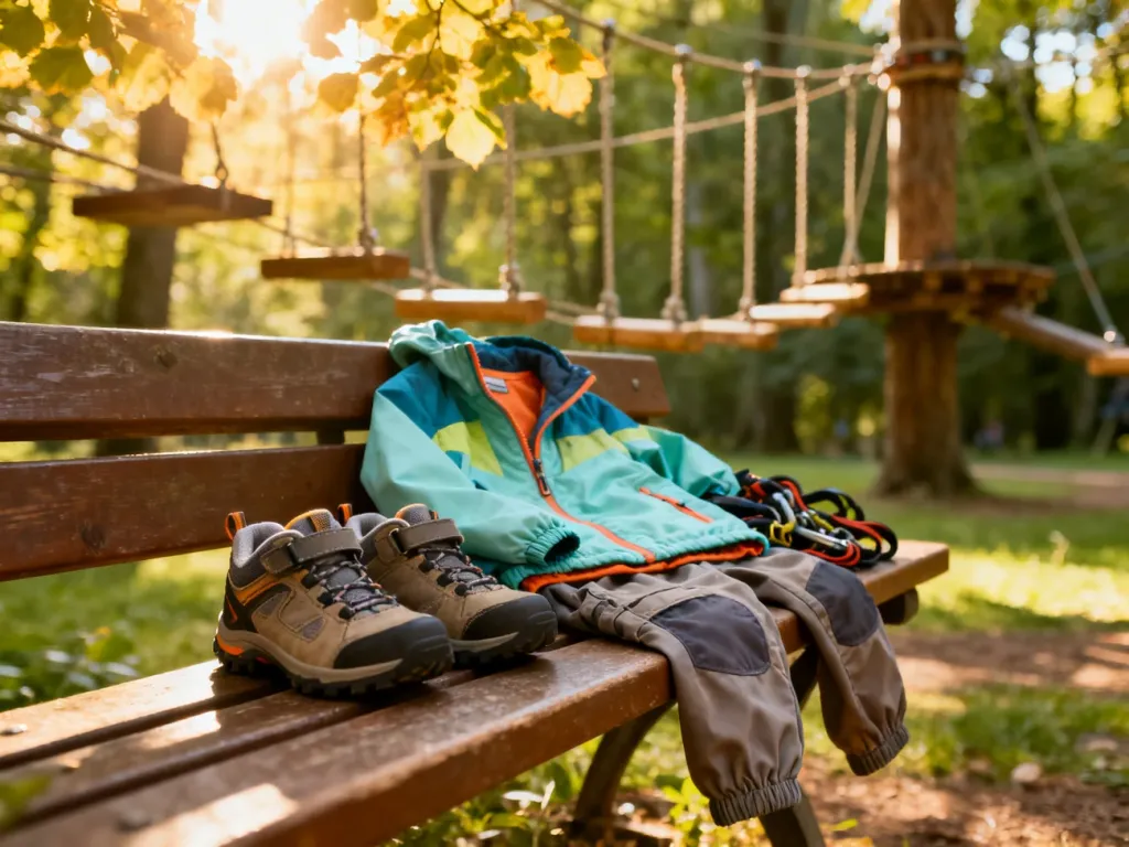 Dziecięca odzież sportowa i buty trekkingowe przygotowane na wyprawę do parku linowego, widoczne na tle leśnych przeszkód.